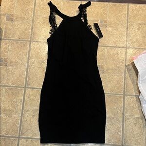 Lulu's Black Backless Dress with Lace Accents